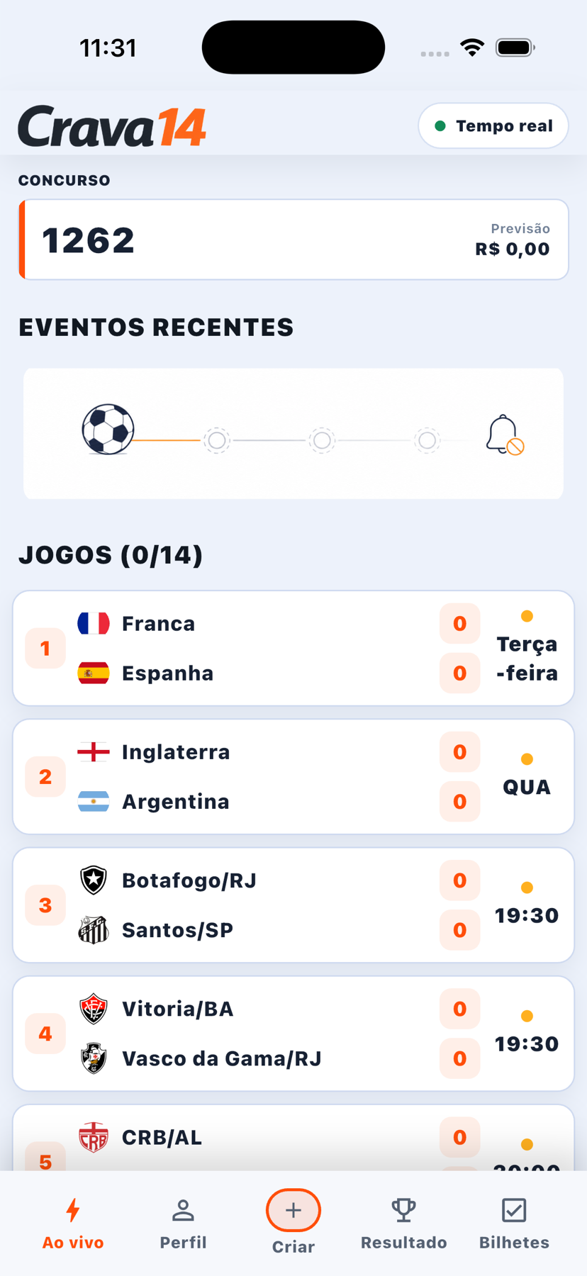 Tela real do Crava14 mostrando o concurso 1262, eventos recentes e os jogos da rodada